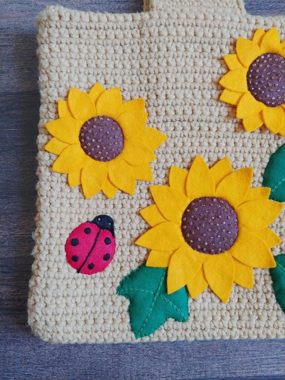 1970s Sunflower Ladybug Crochet Bag  | Vintage 70… - image 7