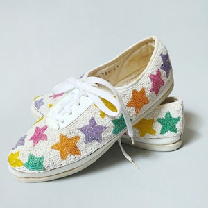 1990s Colorwerks Stars Beaded Sneakers | Vintage 90s Pink Purple Yellow Green White Fruit Print Tennis Shoes | Women&#39;s Lace Up Shoes 10