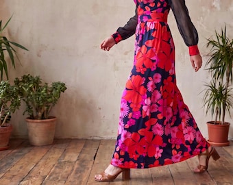 1970s Floral Maxi Dress | Vintage 70s Chiffon Sleeve Gown