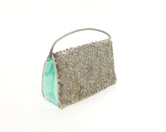 1950s India Mint Green Silver Satin Purse | Vintage 50s Cocktail Handbag  | Women's Formal Evening Bag