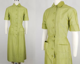1950s Olive Green Button Down Silk Dress | Vintage 50s Lime Green Collared Shirtwaist Dress | Women's Clothing Small