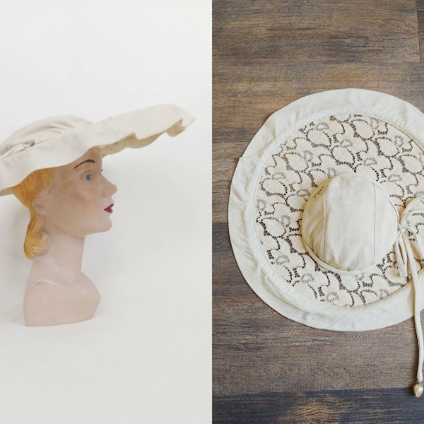 1940s Wide Brim Beige Lace Platter Hat | Vintage 40s Spring Summer Sun Hat  | Women's Picture Hat