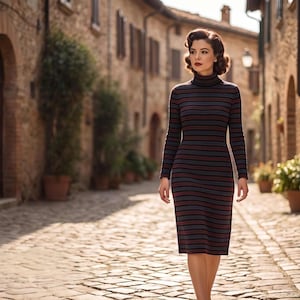 May include: A long-sleeved, knee-length dress featuring a high turtleneck collar and a horizontal striped pattern in shades of dark red, navy blue, and grey. The garment is made of a ribbed knit fabric that fits closely to the body.