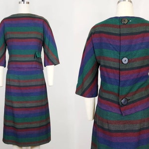 1960s Rainbow Stripe Wiggle Dress Set | Vintage 60s Sheath Dress and Button Back Jacket | Women&#39;s Clothing Small