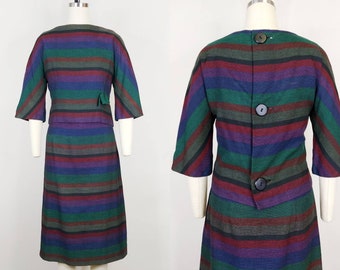 1960s Rainbow Stripe Wiggle Dress Set | Vintage 60s Sheath Dress and Button Back Jacket | Women's Clothing Small