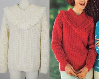 1960s Hand Knit Fringe Sweater | Vintage 60s Cream Chunky Pullover Sweater | Womens Clothing