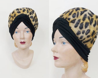 1960s Selene Furry Faux Leopard Turban | Vintage 60s Black Brown Animal Print Hat | Women's Fall Winter Hats XS