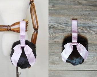 1950s Brown Fur Bridesmaid Purse | Vintage 50s Formal Handbags | Women's Pink Purple Winter Bridal Wedding Accessories