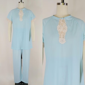 1960s Van Raalte Blue Nylon Pajamas | Vintage 60s Boho Pajama Top and Pants