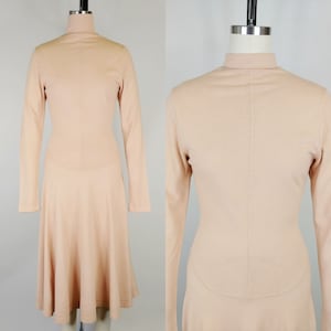 1970s Alley Cat by Betsey Johnson Camel Knit Swing Dress | Vintage 70s Tan Turtleneck Dropped Waist Dress | Women&#39;s Clothing XS