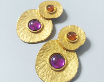 1980s Brutalist Jewelled Runway Earrings | Vintage 80s Gold Clip On Drop Earrings | Women's Jewelry