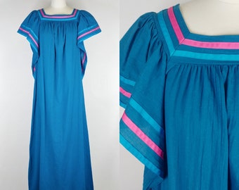 1980s Tom Bezduda Teal Blue Cotton Mumu | Vintage 80s Kaftan Dress