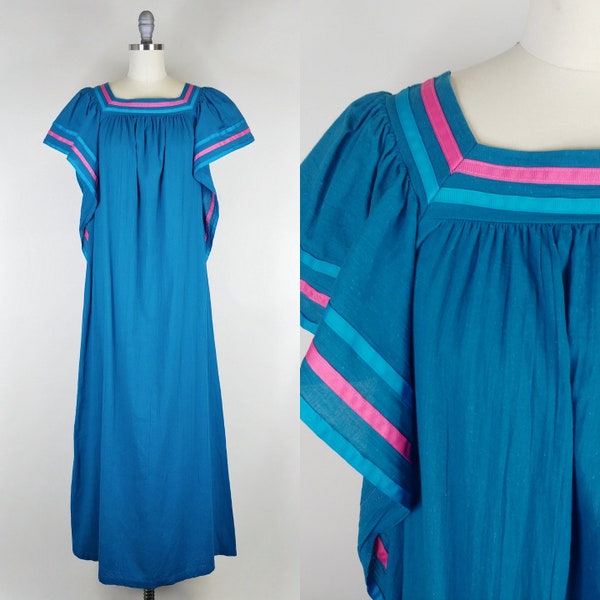 1980s Tom Bezduda Teal Blue Cotton Mumu | Vintage 80s Kaftan Dress