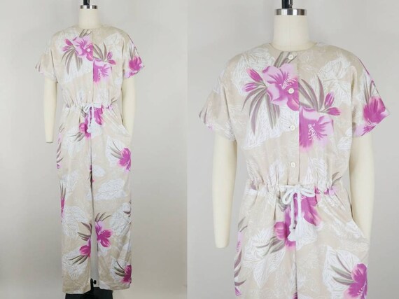 1980s Hibiscus Tropical Floral Cotton Jumpsuit | … - image 1