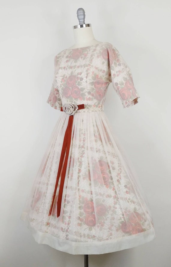 1950s Rose Print Floral Illusion Dress | Vintage … - image 7
