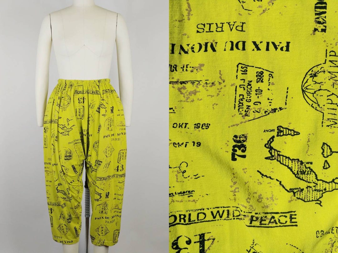 1990s World Peace Novelty Print Chartreuse Green Harem Capris Vintage 1990s-world-peace-novelty-print-chartreuse-green-harem-capris-vintage