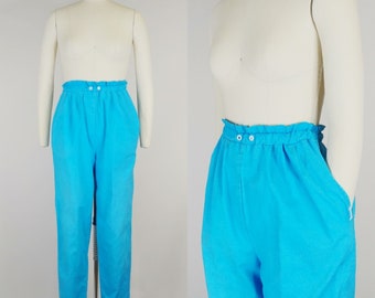 1980s Greenline Sport Aqua Blue Tapered Cotton Pants | Vintage 80s High Waist Pants