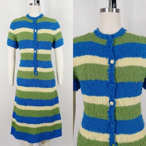 1960s Striped Boucle Hand Knit Sweater Dress | Vintage 60s Short Sleeve A Line Dress