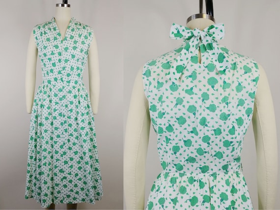 1950s Hope Reed Green and White Floral Dress | Vi… - image 1