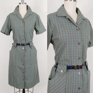 1960s Plaid Shirt Dress with Pockets | Vintage 60s Short Sleeve Button Down Shift Dress