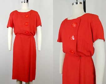 1960s Cherry Red Sheath Dress | Vintage 60s Short Sleeve Button Front Wiggle Dress | Women's Clothing Small 26 Waist