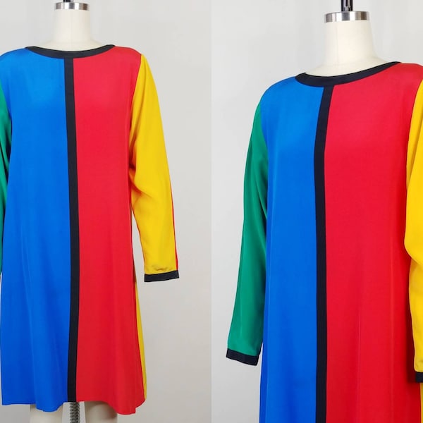 80er Mondrian Seidenkleid | Vintage 80er Jahre Lillie Rubin Primärfarbe Block Zeltkleid | Damenbekleidung Klein