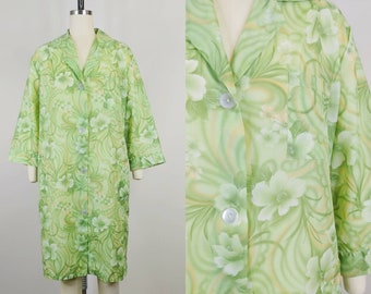 1960s Green Floral Nylon Coat Dress | Vintage 60s Beach Jacket | Womens Clothing Large XL