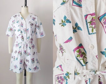 1980s Seed Packet Novelty Print Cotton Romper | Vintage 80s Floral Jumpsuit | Women's Clothing Medium
