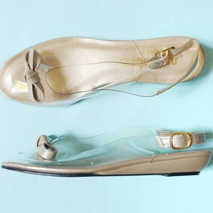 70er Jahre Magdesian es Clear Vinyl Slingbacks | Vintage 70er Silber Schleife Peeptoe Kätzchen Wedges | Damen Schuhe 6 M