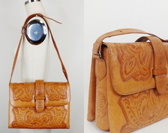 1970s Tooled Leather Purse | Vintage 70s Mexican Shoulder Bag | Women's Handbag
