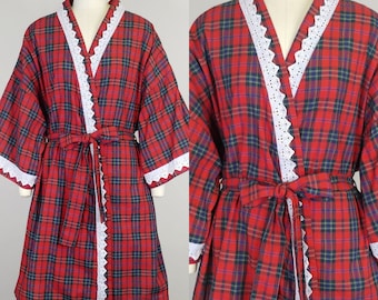 1980s Plaid Cotton Robe | Vintage 80s Red Dressing Gown | Women's Loungewear