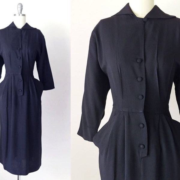 1950s Black Rayon Jersey Dress | Vintage 50s Button Down Sheath Dress with Pockets | Women's Clothing Small 26 Waist