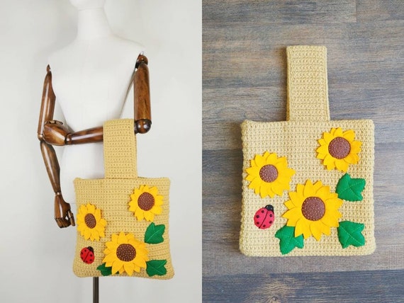 1970s Sunflower Ladybug Crochet Bag  | Vintage 70… - image 1