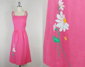 1970s Malia of Honolulu Bright Pink Daisies Sun Dress | Vintage 70s Double Strap Built in Bra Dress  | Women's Clothing XS