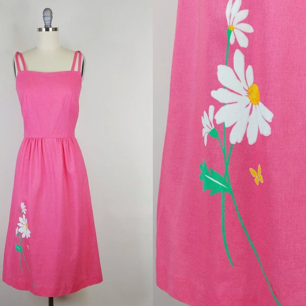 1970s Malia of Honolulu Bright Pink Daisies Sun Dress | Vintage 70s Double Strap Built in Bra Dress  | Women's Clothing XS