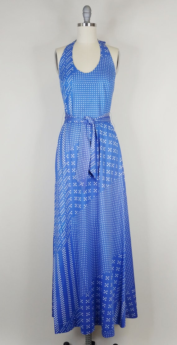 1970s Halter Maxi Dress | Vintage 70s Blue Checke… - image 2