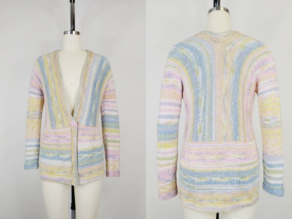 1970s Pastel Rainbow Hand Knit Cardigan | Vintage… - image 1