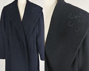 1940s Trapunto Quilted Black Wool Coat  | Vintage 40s Shawl Collar Clutch Coat
