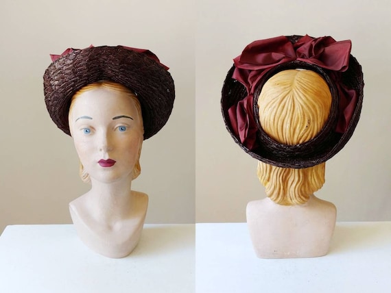 1940s Open Crown Raffia Straw Hat | Vintage 40s Br
