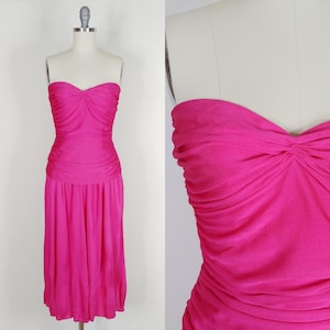 1980s Clovis Ruffin Hot Pink Strapless Formal Dress | Vintags 80s Ruched Party Dress