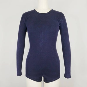 1950s Dance Leotard | Vintage 50s Navy Blue Cotton Knit Long Sleeve Gym Suit | Women&#39;s Athletic Sportwear Dance Costume XS Small