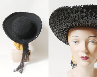 1940s Sequined Black Felt Picture Hat | Vintage 40s Sequin Brimmed Hat with Netting | Women's Hats