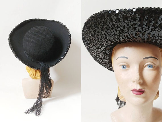 1940s Sequined Black Felt Picture Hat | Vintage 40s Sequin  display picture 3