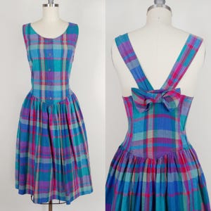 1980s Madras Plaid Cotton Jumper Dress  | Vintage 80s Sleeveless Dress