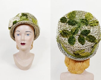 1960s Green Velvet Leaves Rose Woven Raffia Bucket Hat | Vintage 60s Cloche | Womens Spring Summer Hat