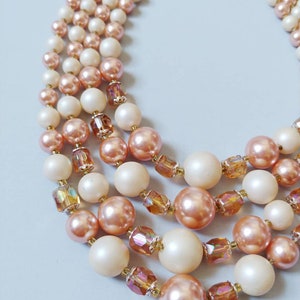 1960s Four Strand Tiered Pink Pearl Aurora Borealis Beaded Necklace | Vintage 60s Formal Necklace | Women&#39;s Bridal Wedding Jewelry