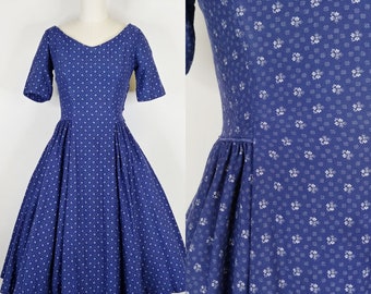 1950s Minx Modes Blue Calico Fit n Flare Dress | Vintage 50s Dirndl Style Folk Inspired Dress | Women's Clothing Extra Small