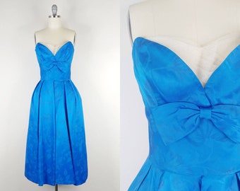 1950s Emma Domb Strapless Royal Blue Floral Faille Party Dress | Vintage 50s Fit n Flare Formal Dress | Women's Evening Gown Small