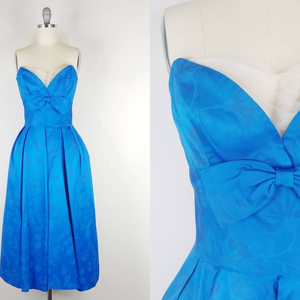 1950s Emma Domb Strapless Royal Blue Floral Faille Party Dress | Vintage 50s Fit n Flare Formal Dress | Women's Evening Gown Small