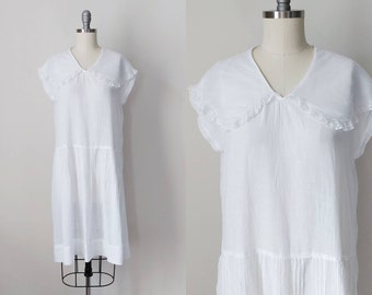 1920s Pilgrim Collar White Cotton Voile Dress | Vintage 20s Short Sleeve Dropped Waist Dress | Women's Summer Dress Extra Small